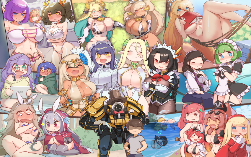 1boy 3: 6+girls absurdres acrobatic_sunny animal_ears animal_print aqua_eyes auto_guard_system beach bikini biretta black_wyrm_(last_origin) blonde_hair bloody_panther_(last_origin) blue_eyes blush bodypaint braid breasts brown_hair calista_(last_origin) calligraphy_brush cape cardinal_armand cerestia_of_life chibi cleavage closed_eyes colored_inner_hair commander_(last_origin) cow_ears cow_girl cow_print crown_braid dancer dark_elf dark_elven_forest_ranger dark_skin day drill_hair elbow_gloves elf elven_forest_maker eyewear_on_head faceless faceless_male faucre_the_evil_overlord flat_chest flower gloves green_eyes green_hair gremlin_(last_origin) hair_between_eyes hair_flower hair_ornament hands_on_own_hips harpyia_(last_origin) heterochromia highres horns hoyo huge_breasts io_(last_origin) keumran_(last_origin) korean_clothes large_breasts last_origin long_hair looking_at_viewer magical_baekto maid maid_headdress may_of_doom medium_breasts microphone mr_alfred multicolored_hair multiple_girls navel night_angel_(last_origin) no_mouth no_nose open_mouth orange_hair outdoors paintbrush pink_hair pointy_ears purple_eyes purple_hair red_eyes sand short_hair silver_hair sinking sleipnir_(last_origin) small_breasts smile snow_feather_(last_origin) spriggan_(last_origin) starfish sunglasses swimsuit sylphid_(last_origin) tears twin_drills two-tone_hair vanilla_(last_origin) water wavy_mouth yellow_eyes yumi_(last_origin)