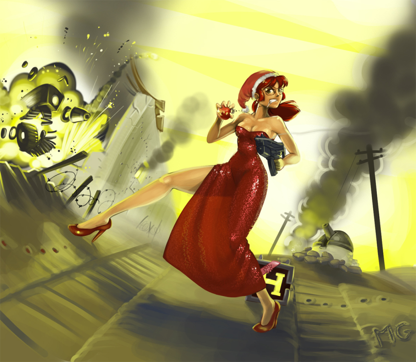 1girl alternate_costume bare_legs bare_shoulders bauble breasts christmas christmas_ornaments cleavage clenched_teeth dress dutch_angle earrings explosion explosive female_focus fio_germi formal_clothes glasses grenade gun hat high_heels jewelry legs long_legs mario_grant metal_slug military military_vehicle motor_vehicle mouth_pull ponytail power-up red_dress red_hair santa_hat shiny_clothes side_slit smoke smoking_barrel solo standing strapless strapless_dress submachine_gun tank teeth vehicle war weapon
