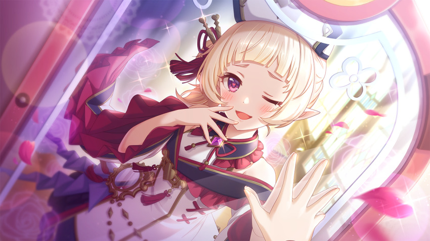 1boy bare_shoulders blonde_hair blush crossdressing dress elf falling_petals hand_on_mirror hand_on_own_face hat heart heart-shaped_pupils long_hair looking_at_mirror looking_at_viewer male_focus mirror narcissism official_art one_eye_closed open_mouth petals pointy_ears princess_connect! purple_eyes reflection sidelocks smile sparkle symbol-shaped_pupils trap window wink yuki_(princess_connect!)