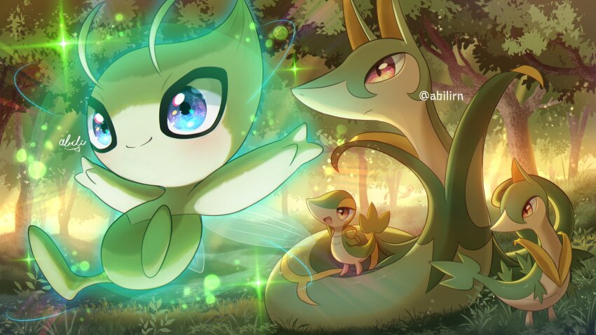 antennae blue_eyes celebi closed_mouth commentary_request evolutionary_line floating gen_2_pokemon gen_5_pokemon grass highres legendary_pokemon mythical_pokemon nintendo no_humans pokemer pokemon pokemon_(creature) red_eyes serperior servine smile snivy tree twitter_username wings