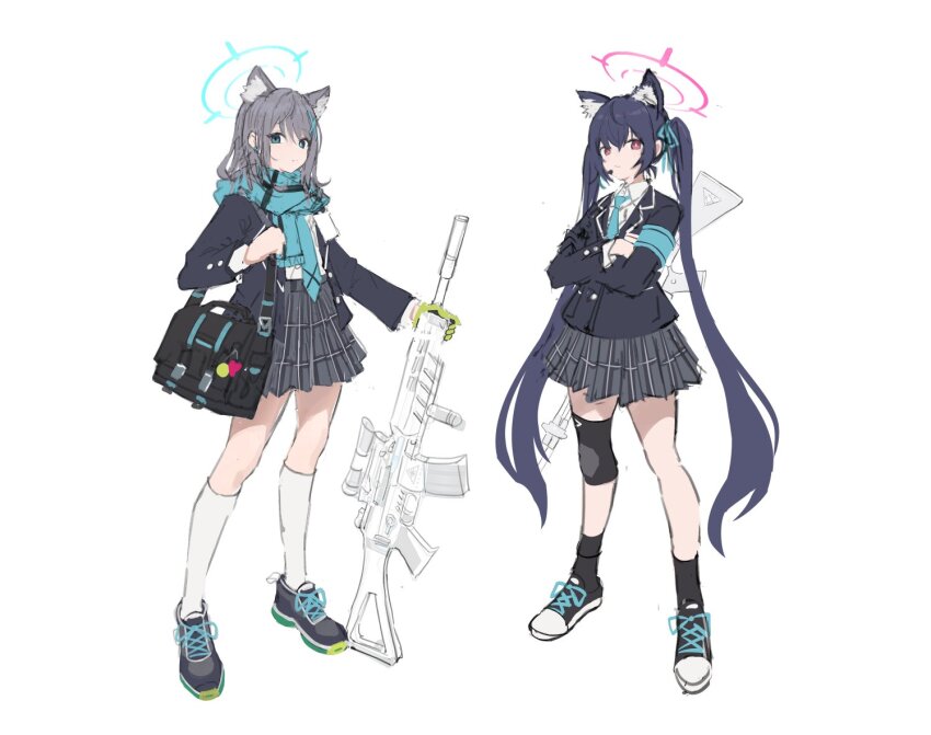2girls animal_ear_fluff animal_ears armband assault_rifle bag beretta_ar70/90 black_footwear black_hair black_jacket blazer blue_archive blue_eyes blue_necktie blue_ribbon blue_scarf cat_ears closed_mouth collared_shirt crossed_arms gloves green_gloves grey_hair grey_skirt gun hair_between_eyes hair_ribbon halo holding holding_gun holding_weapon jacket kneehighs long_hair long_sleeves multiple_girls necktie plaid_clothes plaid_skirt pleated_skirt red_eyes ribbon rifle scarf serika_(blue_archive) shiroko_(blue_archive) shirt shoes shoulder_bag sig_sauer_556 simple_background single_glove sketch skirt socks standing toki_(yoyobozi) twintails very_long_hair weapon white_background white_shirt white_socks