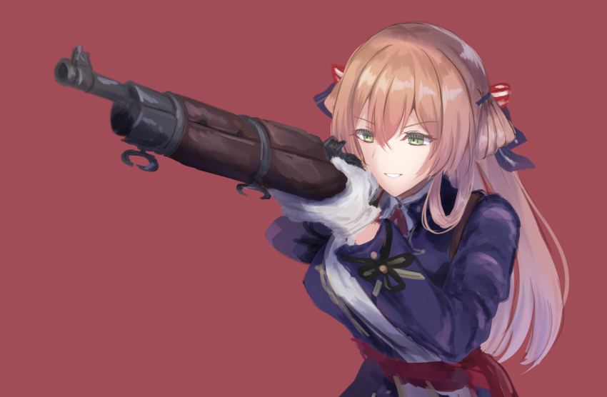 blue_jacket bolt_action brown_hair dress girls&#039;_frontline gloves gun hair_rings highres holding holding_weapon jacket long_hair m1903_springfield martinreaction red_background rifle sidelocks springfield_(girls&#039;_frontline) weapon white_dress white_gloves
