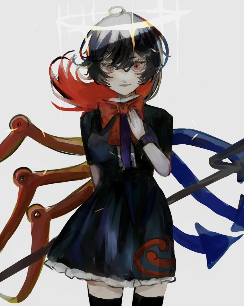 +_+ 1girl asymmetrical_wings black_dress black_hair black_thighhighs blue_wings bow bowtie breasts buttons center_frills colored_inner_hair commentary_request cowboy_shot dress frilled_dress frills hair_between_eyes halo highres holding holding_polearm holding_weapon houjuu_nue koyoko long_hair looking_at_viewer medium_breasts multicolored_hair nue_day polearm red_bow red_bowtie red_eyes red_hair red_wings short_dress short_sleeves simple_background smile solo thighhighs tomoe_(symbol) touhou trident weapon white_background wings wristband