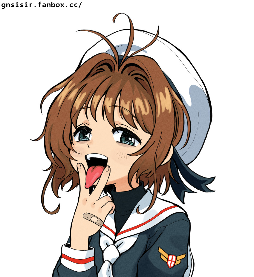 1girl absurdres artist_name bandaid brown_hair cardcaptor_sakura cunnilingus_gesture fanbox_username gnsisir green_eyes hair_intakes hat highres kinomoto_sakura long_sleeves naughty_face open_mouth portrait school_uniform sexually_suggestive short_hair simple_background smile solo teeth tomoeda_elementary_school_uniform tomoeda_middle_school_uniform tongue tongue_out upper_teeth_only white_background white_hat