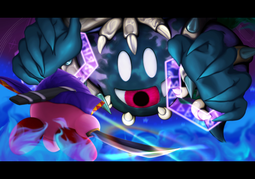 claws commentary_request fire from_behind glint holding holding_sword holding_weapon kirby kirby&#039;s_return_to_dream_land kirby_(series) letterboxed magolor magolor_soul ninja_kirby nintendo red_eyes sheath spikes sword ten-sumabura weapon