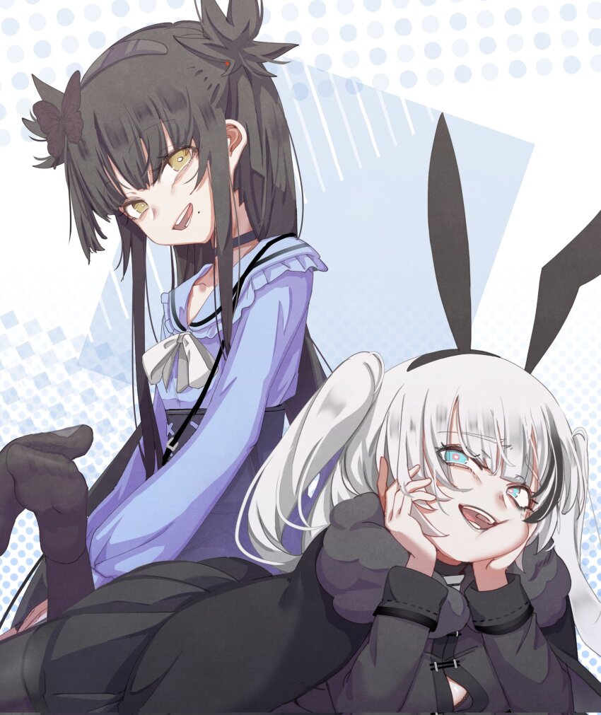 2girls animal_ear_hairband animal_ears black_dress black_hair black_pantyhose black_streaks blue_eyes blue_shirt bow breasts butterfly_hair_ornament choker commentary cosplay costume_switch dress english_commentary fake_animal_ears goth_fashion gothic_lolita hair_ornament hairband head_rest highres lolita_fashion long_hair looking_at_viewer lying merryweather mole mole_under_mouth multicolored_hair multiple_girls on_stomach open_mouth ophelia_(merryweather) original pantyhose rabbit_ear_hairband rabbit_ears sally_sinclair shirt single_hair_streak sitting smile twintails two-tone_hair white_hair yellow_eyes