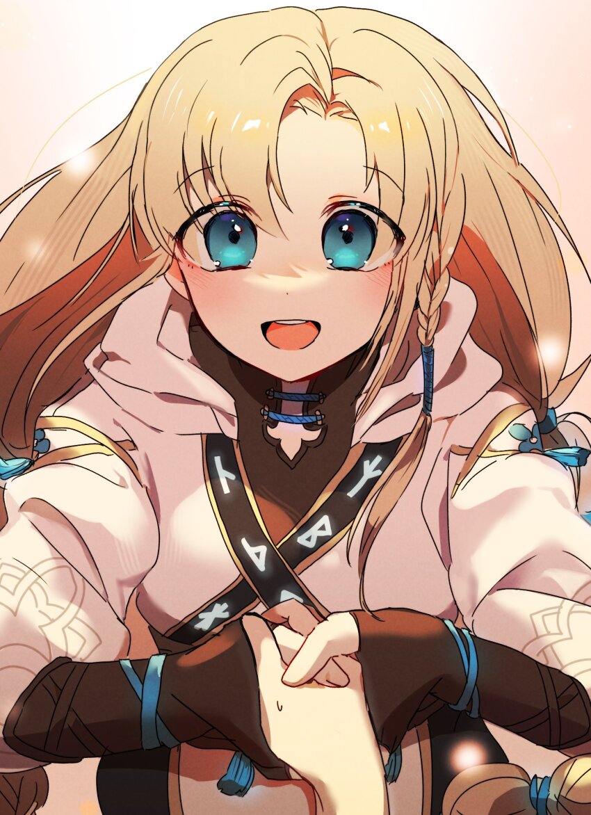 1girl 2seha blonde_hair blony_(mabinogi) blue_eyes fingerless_gloves gloves highres looking_at_another mabinogi pov pov_hands robe simple_background smile