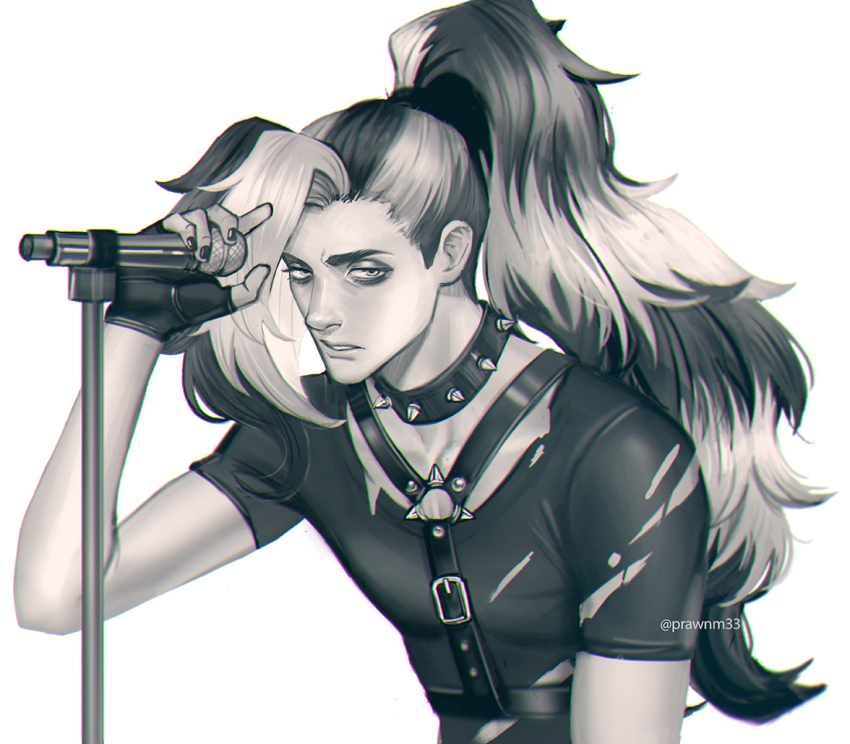 1boy arm_up bags_under_eyes collar commentary english_commentary harness holding holding_microphone long_hair looking_to_the_side male_focus microphone microphone_stand mistermagnolia nintendo o-ring o-ring_harness parted_lips piers_(pokemon) pokemon pokemon_swsh ponytail shirt sideways_glance simple_background solo spiked_collar spikes t-shirt teeth torn_clothes torn_shirt very_long_hair white_background