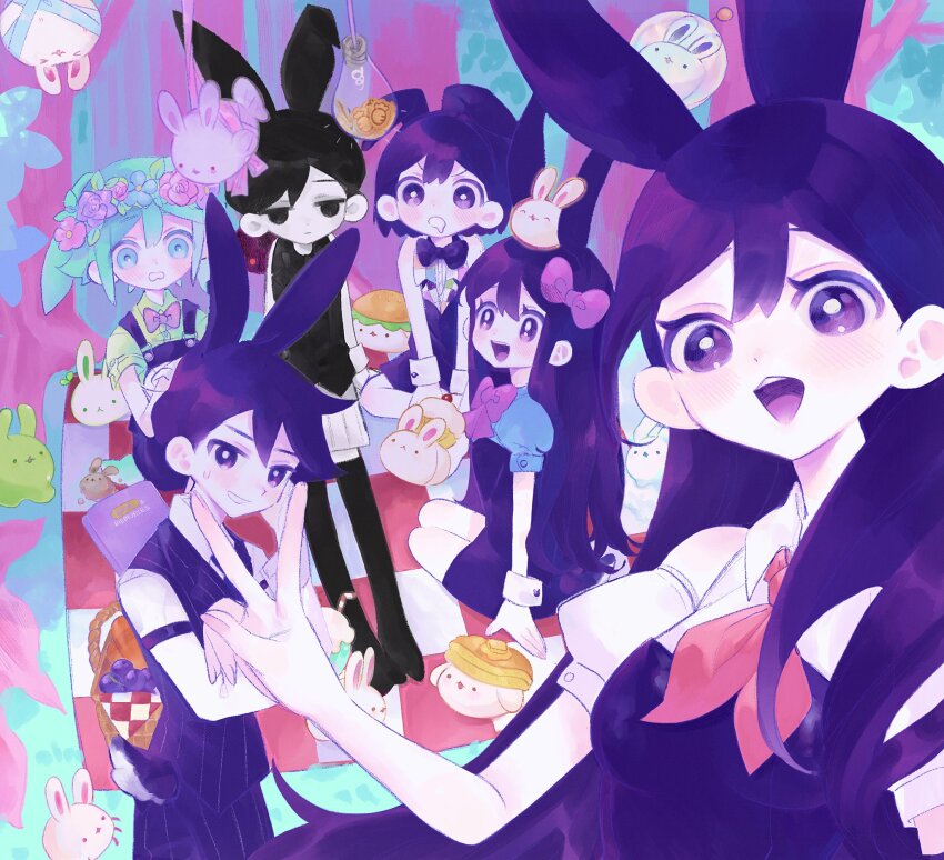 2girls 4boys alternate_costume animal_ears arm_support aubrey_(headspace)_(omori) aubrey_(omori) basil_(headspace)_(omori) basil_(omori) black_eyes black_hair black_tank_top black_thighhighs blush book bow bowtie bun_bunny_(omori) checkered_blanket closed_mouth collared_shirt colored_skin cupcake_bunny_(omori) dust_bunny_(omori) expressionless fish_bunny_(omori) flower forest_bunny?_(omori) forest_bunny_(omori) ghost_bunny_(omori) green_eyes green_hair green_shirt hair_bow head_wreath hero_(headspace)_(omori) hero_(omori) highres kel_(headspace)_(omori) kel_(omori) kemonomimi_mode light_bulb long_hair looking_at_another looking_at_viewer mari_(headspace)_(omori) mari_(omori) milkshake_bunny_(omori) multiple_boys multiple_girls omori omori_(omori) open_mouth overall_shorts overalls p0tatotat pancake_bunny_(omori) picnic_basket picnic_blanket pink_bow puffy_short_sleeves puffy_sleeves purple_bow purple_bowtie purple_eyes purple_hair purple_overalls rabbit_boy rabbit_ears rabbit_girl rabbit_tail red_bow red_bowtie shirt short_hair short_sleeves shorts sitting slime_bunny_(omori) space_bunny_(omori) spider_bud sprout_bunny_(omori) sweatdrop tail tank_top teeth thighhighs upper_teeth_only v white_shorts white_skin wrist_cuffs