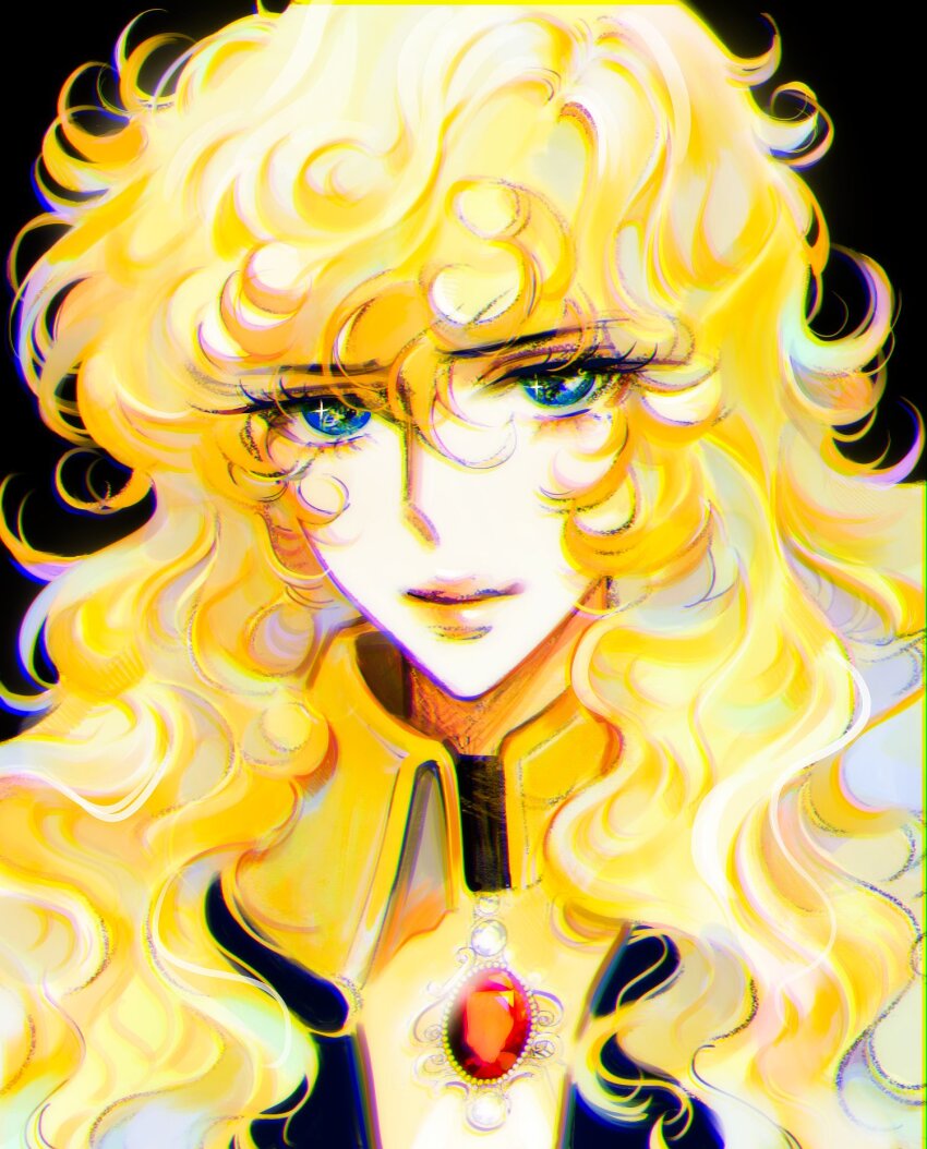 1girl black_background blonde_hair blue_eyes collared_jacket commentary death_mogi eyelashes gem hair_between_eyes highres jacket light_smile long_hair oscar_francois_de_jarjayes simple_background solo upper_body versailles_no_bara wavy_hair