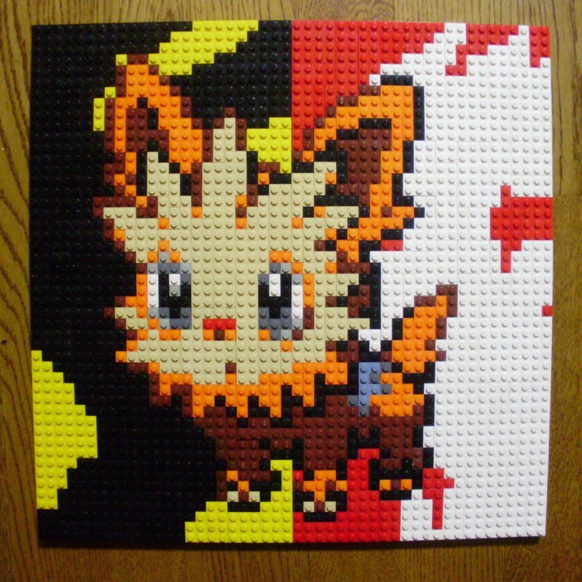 black_eyes full_body game_freak gen_5_pokemon highres lego lego_(medium) lillipup looking_at_viewer multicolored_background nintendo no_humans photo_(medium) pixel_art pokemon pokemon_(creature) pokemon_focus solo tail unconventional_media you_rei_(blowback)