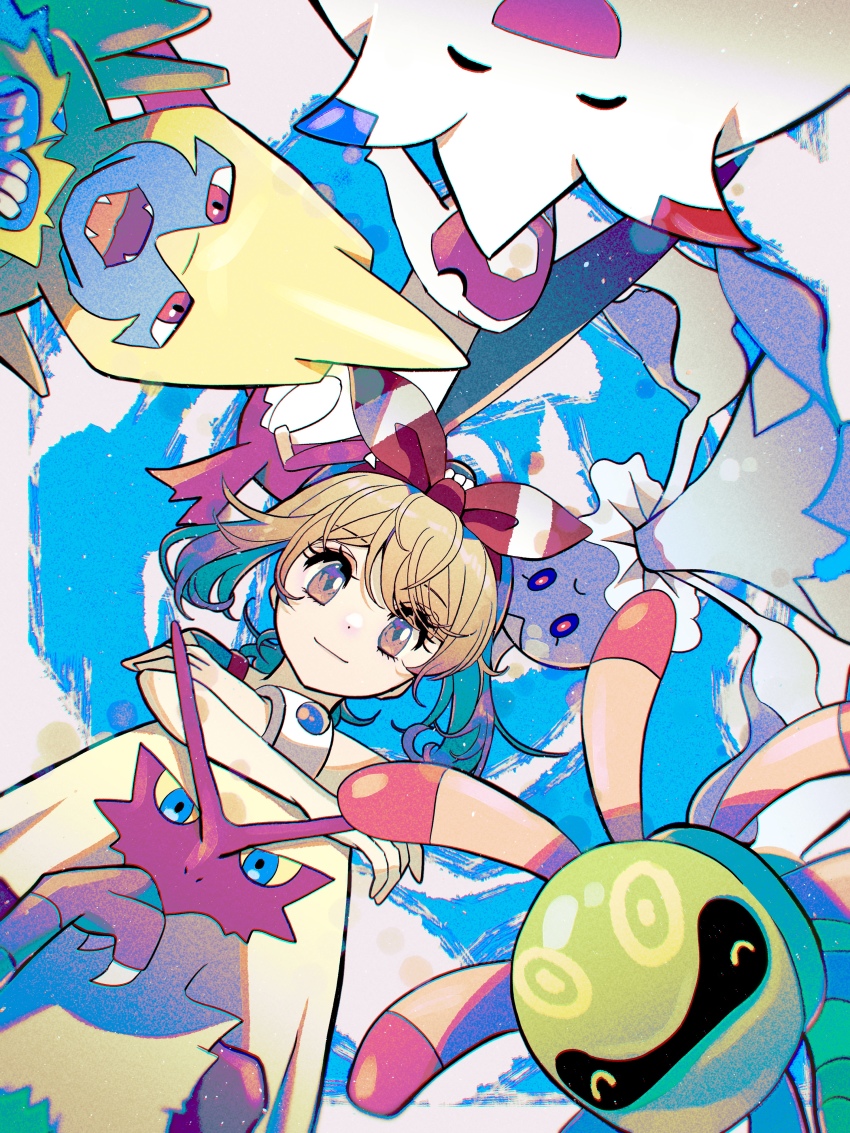 1girl absurdres blaziken bow_hairband bracelet brown_eyes brown_hair chromatic_aberration closed_mouth commentary_request cradily creatures_(company) eyelashes frillish frillish_(male) fukkatsu_no_maya game_freak gen_3_pokemon gen_4_pokemon gen_5_pokemon hairband highres jewelry latias legendary_pokemon looking_at_viewer manectric may_(pokemon) nintendo pokemon pokemon_(creature) pokemon_oras red_hairband smile togekiss