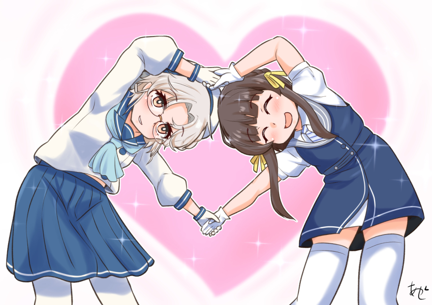 2girls akashieru black_hair blue_dress blue_neckerchief blue_sailor_collar blue_skirt braid brown_eyes diagonal-striped_clothes diagonal-striped_necktie dress glasses gloves grey_hair grey_sailor_collar hair_ribbon hat heart_arms heart_arms_duo hirato_(kancolle) kantai_collection leaning_to_the_side miniskirt multiple_girls neckerchief necktie pantyhose pleated_skirt ribbon sailor_collar sailor_hat school_uniform serafuku short_hair_with_long_locks short_sleeves side_braids skirt striped_clothes thighhighs ukuru_(kancolle) wavy_hair white_gloves white_hat white_pantyhose white_thighhighs yellow_ribbon