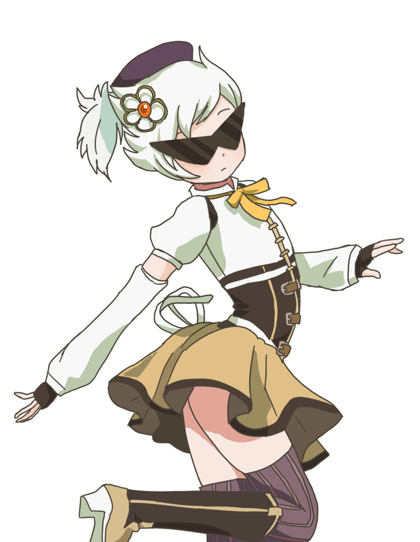 1boy arm_warmers belt black_thighhighs blue_headwear boots closed_mouth cosplay crossdressing crossover dirk_strider dress fingerless_gloves flower flower_on_head flower_ornament gloves grey_thighhighs highres homestuck leg_up mahou_shoujo_madoka_magica ribbon short_hair simple_background skirt solo sunglasses tagme thighhighs tomoe_mami tomoe_mami_(cosplay) trap white_background white_hair yellow_boots yellow_ribbon yellow_skirt