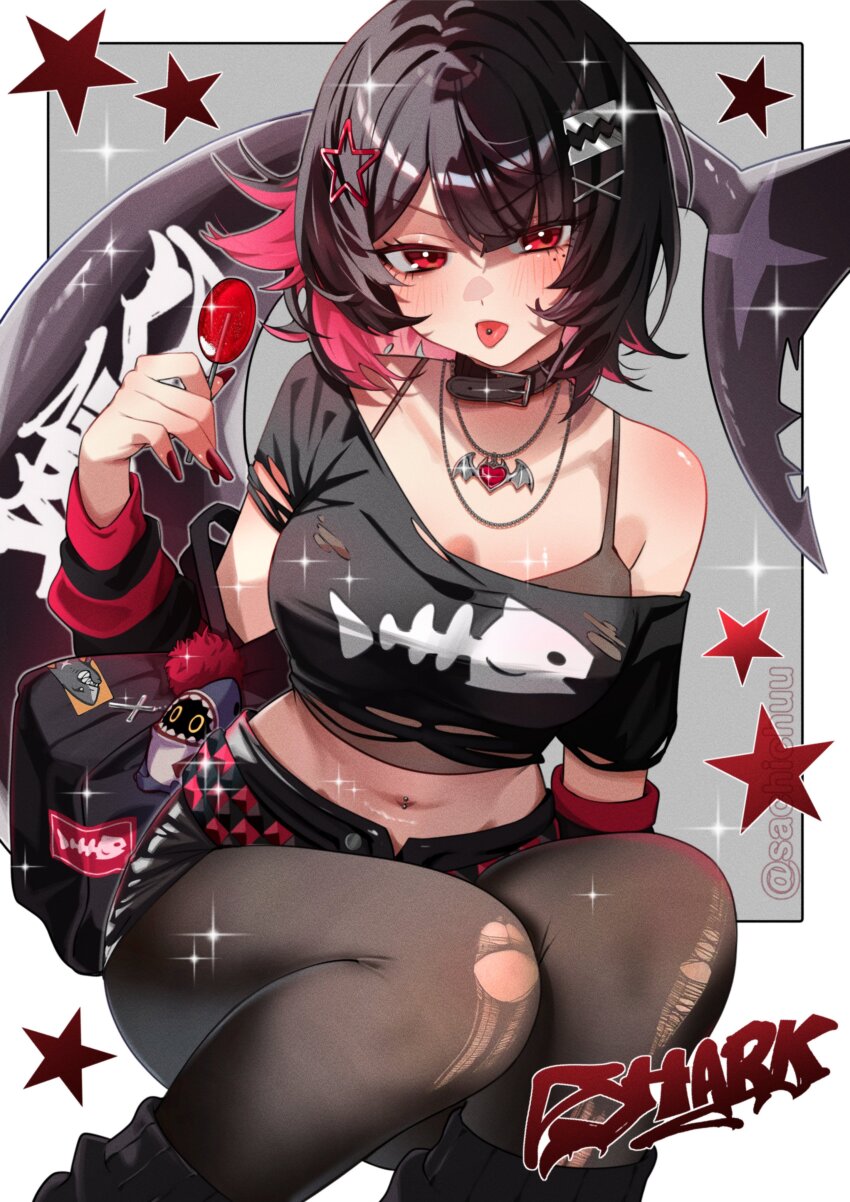 1girl absurdres bag bangboo_(zenless_zone_zero) belt belt_collar black_bag black_belt black_choker black_collar black_hair black_pantyhose black_shorts black_skirt black_sleeves black_socks blush breasts candy choker cleavage collar collarbone colored_inner_hair commentary ellen_joe english_commentary fingernails fins fish_skeleton_print fish_tail food glint grey_background hair_ornament hairclip highres holding holding_candy holding_food holding_lollipop jewelry large_breasts lollipop looking_at_viewer medium_hair midriff mole mole_under_eye multicolored_hair nail_polish navel navel_piercing necklace off-shoulder_shirt off_shoulder pantyhose piercing pink_eyes pink_hair pink_nails pink_sleeves red_belt sachichuu shark_tail shirt shorts shoulder_bag single_bare_shoulder skirt socks solo star_(symbol) star_hair_ornament stomach striped_sleeves tail thighs tongue tongue_out tongue_piercing torn_clothes torn_pantyhose torn_shirt two-tone_belt two-tone_hair white_background wing_ornament zenless_zone_zero
