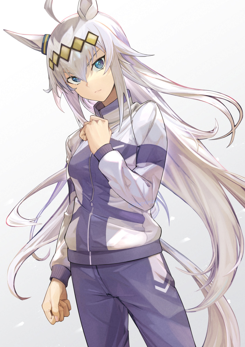 1girl absurdres ahoge animal_ears blue_eyes blue_jacket blue_pants clenched_hand closed_mouth commentary ear_ornament frown grey_hair hair_ornament highres horse_ears horse_girl horse_tail jacket kanpiro kasamatsu_tracen_training_uniform long_hair long_sleeves looking_at_viewer multicolored_jacket oguri_cap_(umamusume) pants solo standing tail track_jacket track_pants two-tone_jacket umamusume umamusume:_cinderella_gray white_jacket
