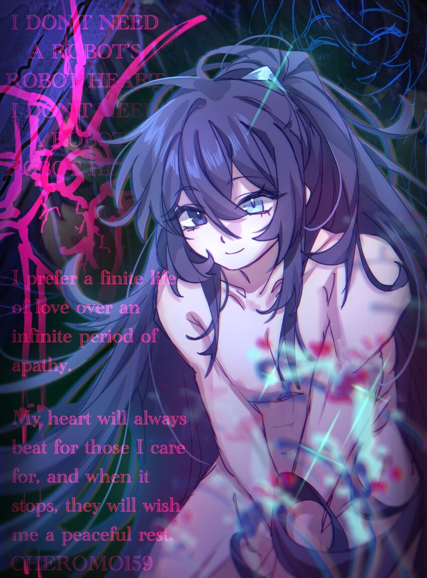 1girl blue_hair cheromo159 completely_nude english_text heterochromia limbus_company nude project_moon ryoshu_(project_moon) smile solo