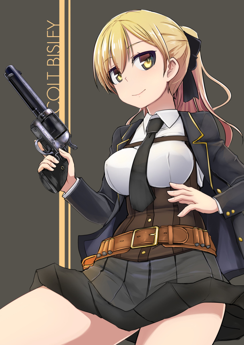 1girl belt black_dress black_jacket black_necktie blazer blonde_hair bow brown_belt closed_mouth collared_dress colt_bisley commentary dress english_commentary gun gunbelt hair_bow handgun highres holding holding_gun holding_weapon jacket long_hair long_sleeves looking_at_viewer necktie original pleated_dress ponytail revolver short_dress smile solo standing tokihama_jirou weapon wing_collar yellow_eyes