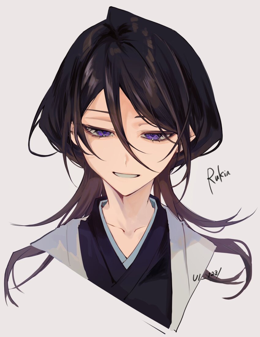 1girl black_hair bleach bleach:_epilogue character_name collarbone commentary cropped_shoulders grey_background grin hair_between_eyes half-closed_eyes haori highres japanese_clothes kuchiki_rukia long_hair looking_at_viewer purple_eyes shihakusho simple_background smile solo taichou_haori twitter_username ui_1231 upper_body