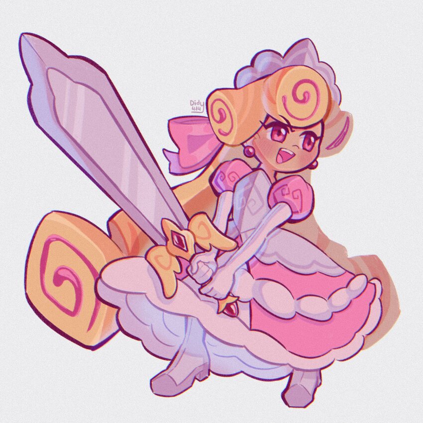 1girl blonde_hair cookie_run cookie_run:_kingdom didy414 dress full_body highres holding humanization kouign-amann_cookie long_hair looking_to_the_side multicolored_hair open_mouth pink_dress pink_eyes pink_hair puffy_sleeves simple_background smile solo streaked_hair sword very_long_hair weapon