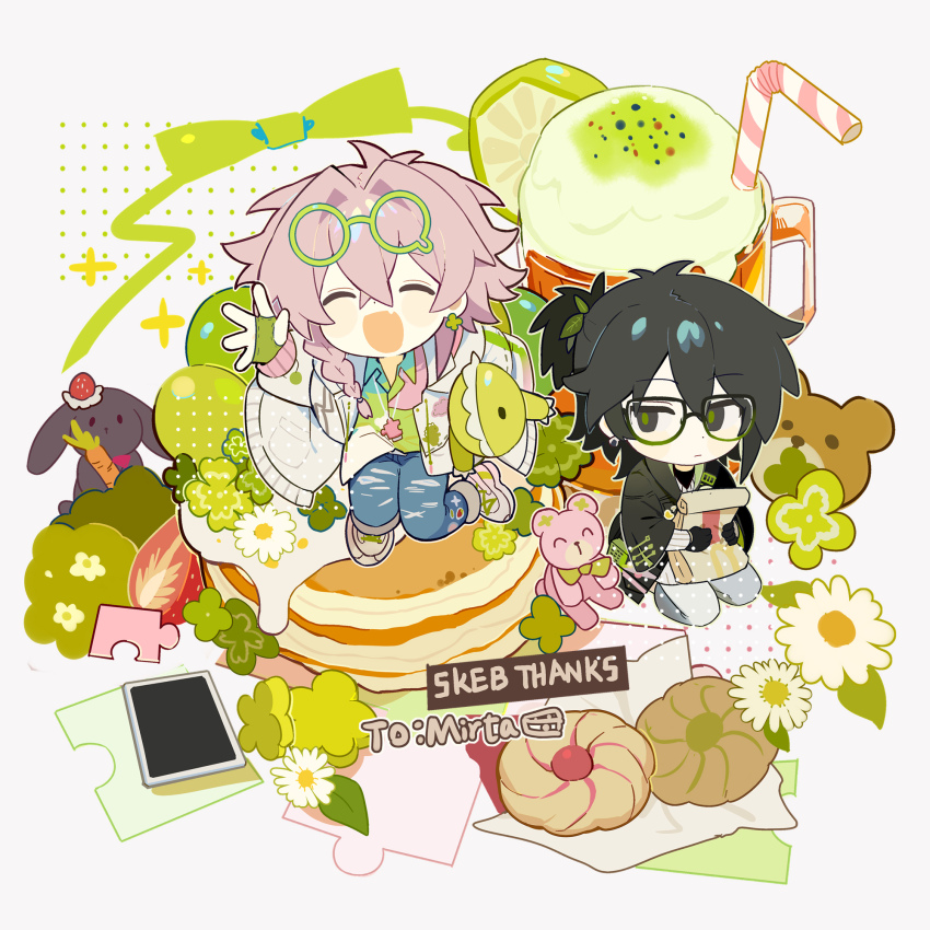 2boys ^_^ animal_collar bag black-framed_eyewear black_eyes black_gloves black_hair black_jacket black_rabbit_(animal) black_shirt blue_pants blush_stickers bow bowtie braid bush carrot cellphone check_copyright chibi closed_eyes closed_mouth clover_earrings coattails collar collared_shirt commentary commission cookie copyright_request daisy_(flower) denim drinking_straw ear_piercing eyewear_on_head fang fingerless_gloves flower food food-themed_hair_ornament fruit glasses gloves green-framed_eyewear green_bow green_bowtie green_gloves green_pupils green_shirt hair_ornament highres holding holding_bag holding_carrot holding_food holding_stuffed_toy huasha ice_cream ice_cream_float jacket jeans jewelry kneeling leaf leggings light_frown lime_(fruit) lime_slice long_sleeves male_focus medium_hair messy_hair multiple_boys napkin necklace on_one_knee open_clothes open_jacket open_mouth original outstretched_arm pancake pancake_stack pants phone piercing pink_hair ponytail puffy_long_sleeves puffy_sleeves puzzle_piece red_collar round_eyewear shirt shoes short_ponytail single_braid skeb_commission smartphone smile sneakers solid_circle_eyes sparkle strawberry_hair_ornament stuffed_animal stuffed_dinosaur stuffed_toy sweater_jacket teddy_bear torn_clothes torn_jeans torn_pants two-tone_eyewear waving white_arm_warmers white_background white_flower white_footwear white_jacket white_leggings wide_sleeves