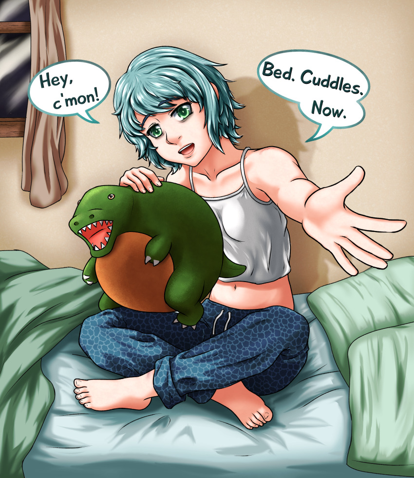 1girl absurdres aqua_hair barefoot bed_sheet blanket camisole collarbone curtains drawstring english_text green_eyes highres katawa_shoujo lainycakes looking_at_viewer midriff navel on_bed outstretched_arm pajama_pants pillow short_hair solo speech_bubble stuffed_animal stuffed_toy suzuki_suzu teeth tongue upper_teeth_only white_camisole window