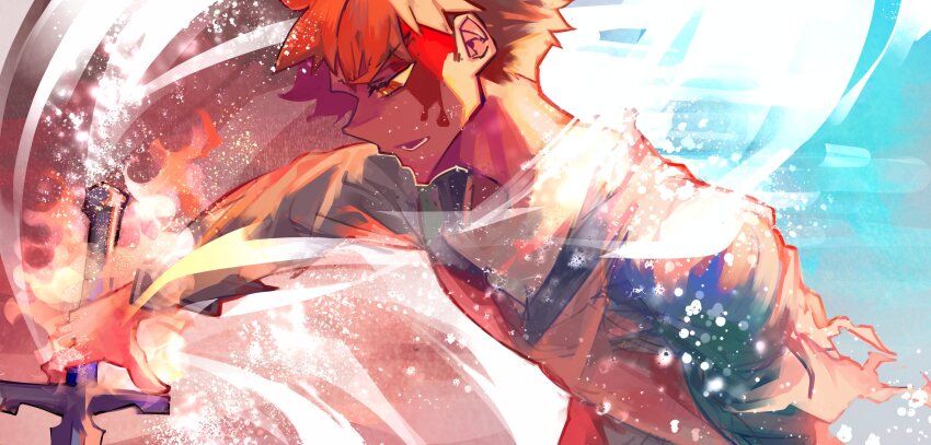 1boy absurdres blood blood_on_clothes blood_on_face blood_stain breath_weapon command_spell cuts emiya_shirou fate/stay_night fate_(series) field_of_blades fire gears glowing greatsword hand_on_hilt hands_on_hilt highres holding holding_sword holding_weapon igote injury invisible_air_(fate) magic magic_circuit mochiboni orange_hair planted planted_sword planted_weapon raglan_sleeves red_hair smoke sword unlimited_blade_works_(reality_marble) weapon