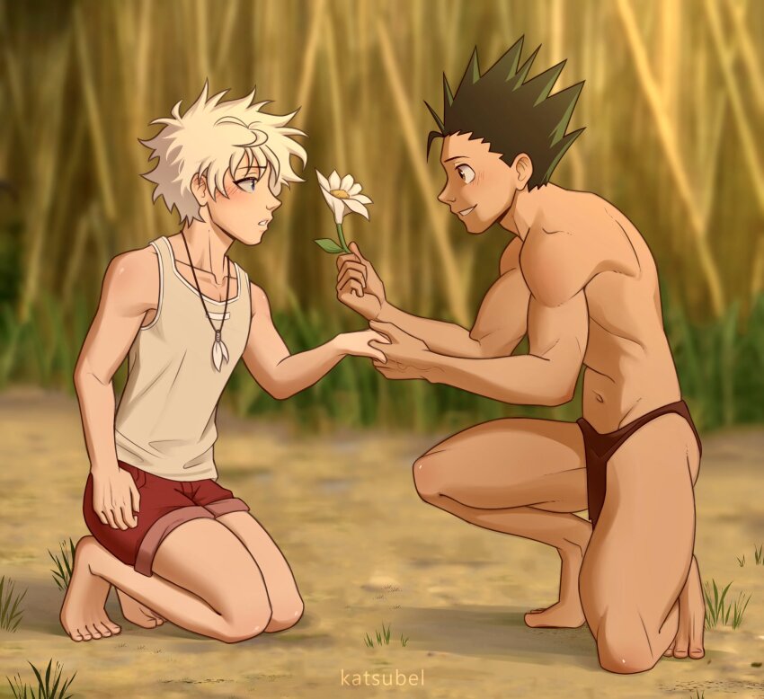 2boys blush flower full_body gon_freecss hand_grab highres holding holding_flower hunter_x_hunter jane_porter katsubel killua_zoldyck looking_at_another male_focus multiple_boys short_hair smile squatting tarzan tarzan_(disney) toned toned_male white_hair yaoi