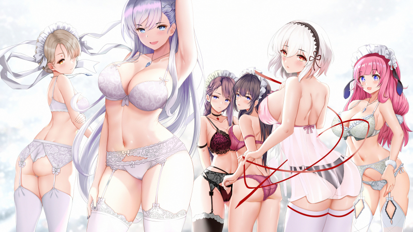 6+girls absurdres armpits ass azur_lane babydoll belfast_(azur_lane) black_legwear blonde_hair blue_eyes blue_gemstone blush bra braid breasts chain choker cleavage collar collarbone curacoa_(azur_lane) curlew_(azur_lane) french_braid frills garter_belt garter_straps gem groin hair_between_eyes hair_over_one_eye hairband highres holding_own_arm jewelry lace lace-trimmed_hairband lace-trimmed_legwear lace_trim large_breasts lingerie long_hair looking_at_viewer low-tied_long_hair maid_headdress multiple_girls navel necklace panties pink_babydoll pink_bra pink_hair pink_panties piukute062 purple_bra purple_hair red_eyes ribbon sheffield_(azur_lane) short_hair side_braid sidelocks sirius_(azur_lane) smile stomach suffolk_(azur_lane) suffolk_(retrofit)_(azur_lane) thighhighs underwear underwear_only white_bra white_hair white_panties yellow_eyes