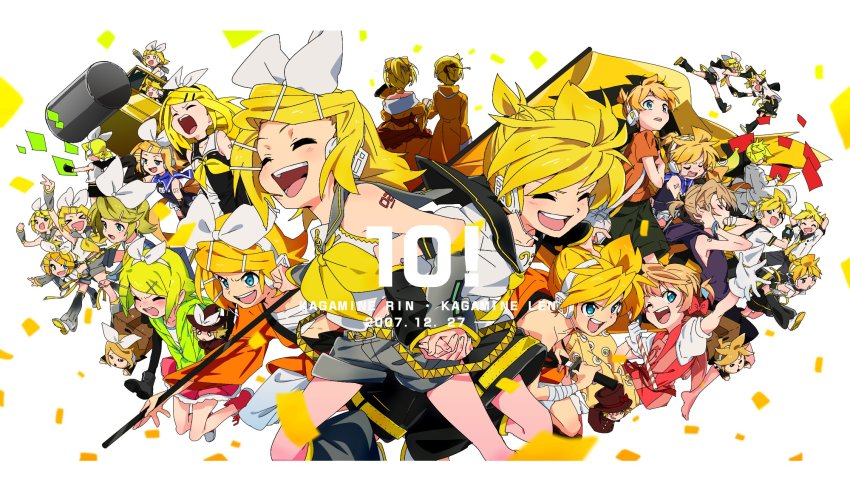 6+boys 6+girls aqua_eyes bad_id bad_twitter_id bass_clef blonde_hair blue_background blue_eyes border bow brother_and_sister character_request checkered_clothes checkered_shirt closed_eyes collared_shirt confetti detached_sleeves drawing_sword evillious_nendaiki foreground_text hair_bow hair_ornament hairclip hand_fan hat headset highres holding holding_fan holding_hands holding_sword holding_weapon kagamine_len kagamine_len_(starmine) kagamine_len_(vocaloid4) kagamine_rin kagamine_rin_(melancholy) kagamine_rin_(vocaloid4) leg_warmers letterboxed multiple_boys multiple_girls multiple_persona necktie off_shoulder open_mouth ponytail sailor_collar satou_asuka shirt short_ponytail short_shorts shorts shoulder_tattoo siblings smile steamroller swept_bangs sword tattoo top_hat treble_clef twins vocaloid weapon white_background white_border yellow_necktie