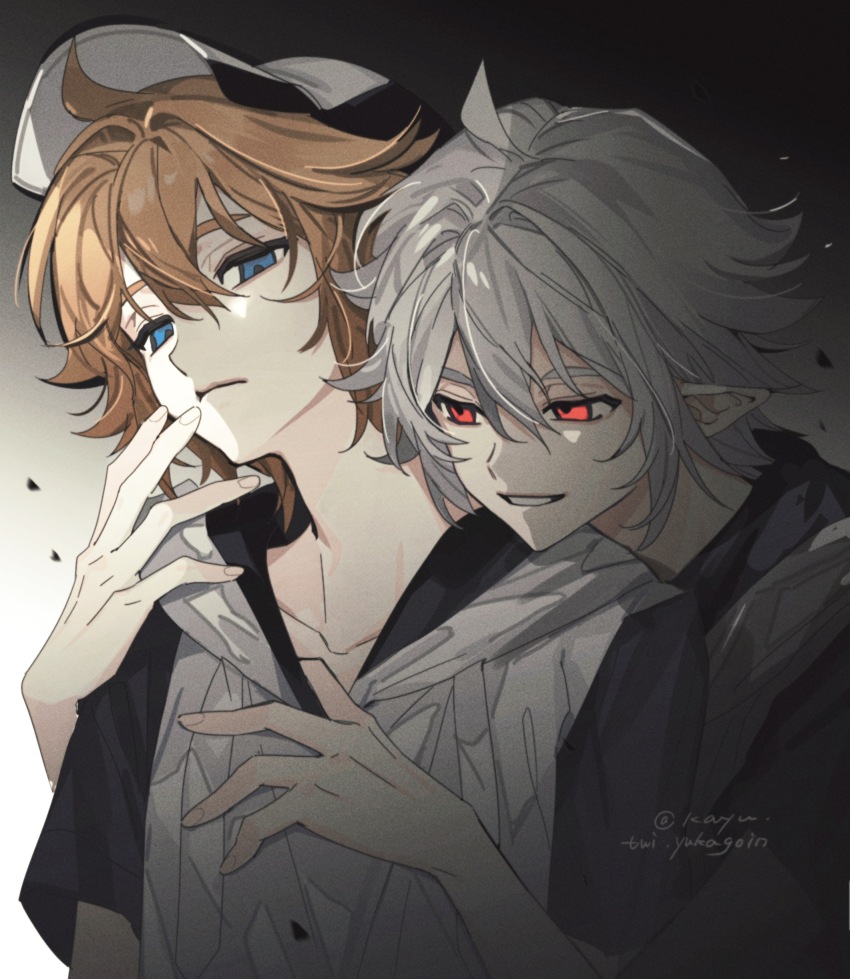 2boys absurdres ahoge aotu_world blonde_hair blue_eyes collarbone dual_persona hair_between_eyes hat highres hood hoodie hug hug_from_behind kayu_(yukagoin) king_(aotu_world) king_(dark)_(aotu_world) male_focus multiple_boys official_alternate_eye_color official_alternate_hair_color pale_skin parted_lips pointy_ears red_eyes selfcest short_hair smile twitter_username upper_body white_hair white_hoodie yaoi