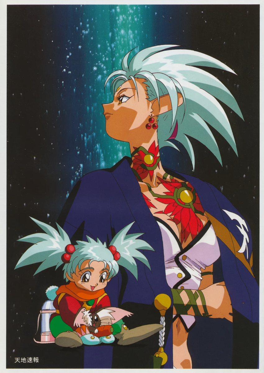 1990s_(style) 1girl aged_down border breasts brown_eyes chest_tattoo child cleavage earrings forehead_jewel green_hair hair_bobbles hair_ornament highres jewelry long_hair multiple_views navel non-web_source official_art pointy_ears profile retro_artstyle ryouko_(tenchi_muyou!) shoulder_tattoo tattoo tenchi_muyou! twintails white_border