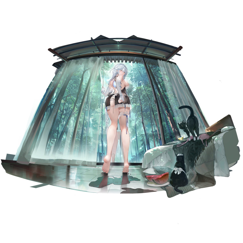 1girl bed black_cat black_negligee cat curtains detached_sleeves eos_(dawnglimmer_aquamarine)_(neural_cloud) eos_(neural_cloud) feet food forest from_below fruit game_cg girls&#039;_frontline girls&#039;_frontline_neural_cloud glass_door highres laowei_shi_tu legs looking_at_viewer looking_back nature official_alternate_costume official_art plate red_eyes see-through_curtains soles solo thigh_strap third-party_source toes transparent_background tree watermelon white_hair window
