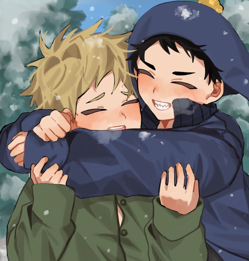 2boys animification arms_around_neck black_hair blonde_hair blush chullo closed_eyes commentary craig_tucker day fang grin highres hug jacket long_sleeves male_focus multiple_boys open_mouth outdoors popped_collar ringodaisk short_hair sleeves_past_wrists smile snowing south_park tweek_tweak yaoi