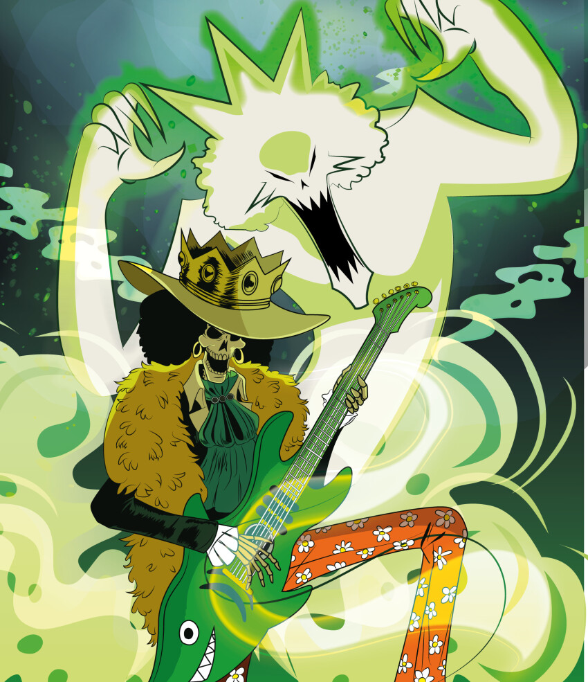 1boy afro ascot black_hair blue_ascot brook_(one_piece) commentary commentary_request crown_hat electric_guitar english_commentary frilled_sleeves frills ghost guitar hat hely_saganome highres holding holding_guitar holding_instrument instrument long_sleeves male_focus mixed-language_commentary music one_piece open_mouth playing_guitar playing_instrument skeleton solo spanish_commentary