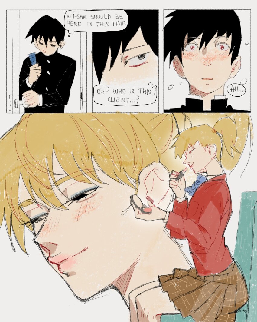 2boys absurdres applying_makeup black_eyes black_hair blonde_hair blue_eyeliner blush cc_s_deg closed_mouth compact_(cosmetics) cosmetics crossdressing eyeliner gakuran highres holding holding_lipstick_tube implied_yaoi kageyama_ritsu lipstick_tube long_sleeves makeup male_focus mob_psycho_100 multiple_boys nose_blush pale_skin pink_lips ponytail reigen_arataka school_uniform short_hair simple_background smile