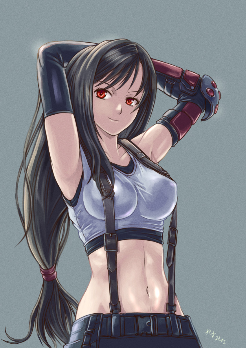 1girl absurdres armpits arms_behind_head arms_up black_gloves black_hair breasts closed_mouth crop_top elbow_gloves final_fantasy final_fantasy_vii gloves highres kazumina large_breasts long_hair looking_at_viewer mid navel shirt simple_background skirt sleeveless sleeveless_shirt smile solo standing tifa_lockhart white_shirt