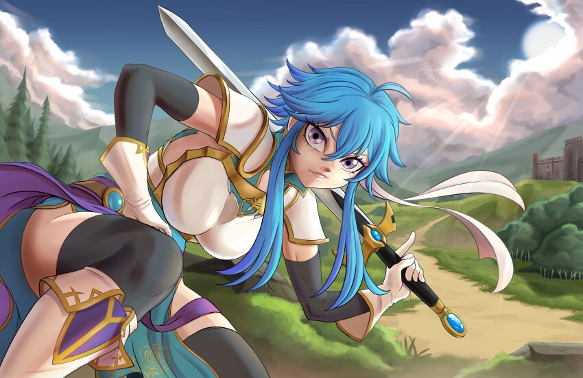 1girl absurdres ahoge anander0 armor belt blue_hair blue_sky blue_tunic boots breastplate breasts brooch castle cloud commission commissioner_upload day elbow_gloves fire_emblem fire_emblem:_genealogy_of_the_holy_war gloves grass headband highres holding holding_sword holding_weapon horizon if_they_mated jewelry kneeling looking_at_viewer medium_breasts mountain nintendo original outdoors over_shoulder popped_collar purple_eyes sash selia short_hair shoulder_armor sidelocks sky sleeveless smile solo sun sword sword_over_shoulder thighhighs thighs tomboy tree tunic weapon weapon_over_shoulder white_headband