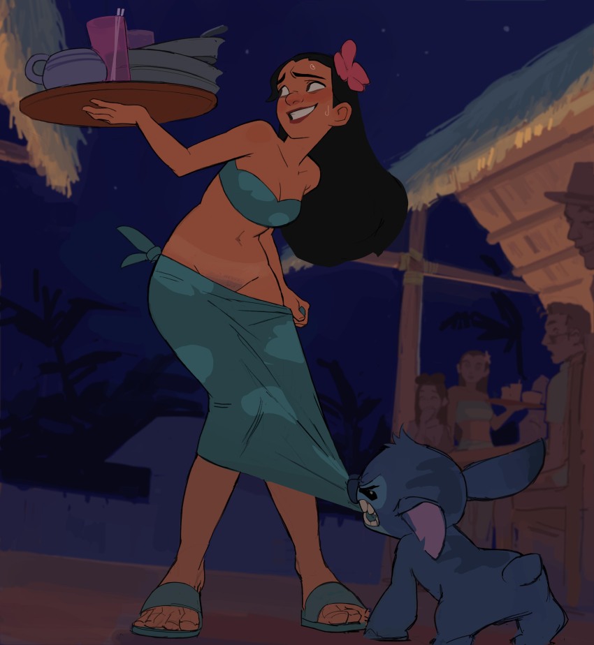 1other 2boys 3girls absurdres amugea black_hair blue_skin blush breasts colored_skin dark-skinned_female dark_skin flower hair_flower hair_ornament hawaiian_clothes highres lilo_&amp;_stitch long_hair long_skirt medium_breasts multiple_boys multiple_girls nani_pelekai pubic_hair skirt stitch_(lilo_&amp;_stitch)