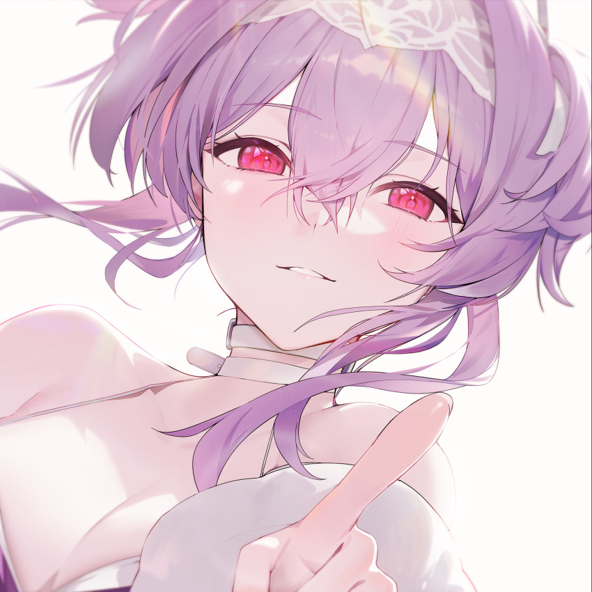 1girl artist_request choker goddess_of_victory:_nikke highres liberalio_(nikke) looking_at_viewer non-web_source official_art pink_eyes pointing pointing_at_viewer purple_hair simple_background smile solo upper_body white_background white_choker