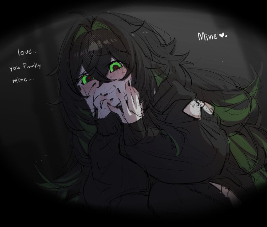 1girl black_hair black_nails black_sweater black_thighhighs blush degrees_of_lewdity english_text green_eyes hair_intakes heart heart-shaped_pupils highres kai_(drakkai10) kylar_(degrees_of_lewdity) kylar_(female)_(degrees_of_lewdity) long_hair looking_at_viewer solo sweater symbol-shaped_pupils thighhighs
