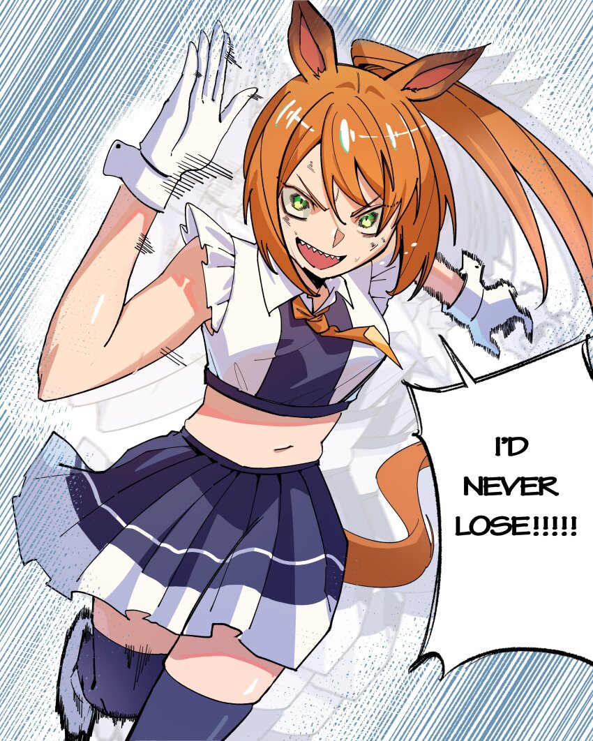 1girl absurdres animal_ears crop_top gloves highres hle2072 horse_ears horse_girl horse_race_tests horse_tail jovial_merryment miniskirt orange_hair ponytail running sharp_teeth skirt speech_bubble tail teeth thighhighs white_gloves