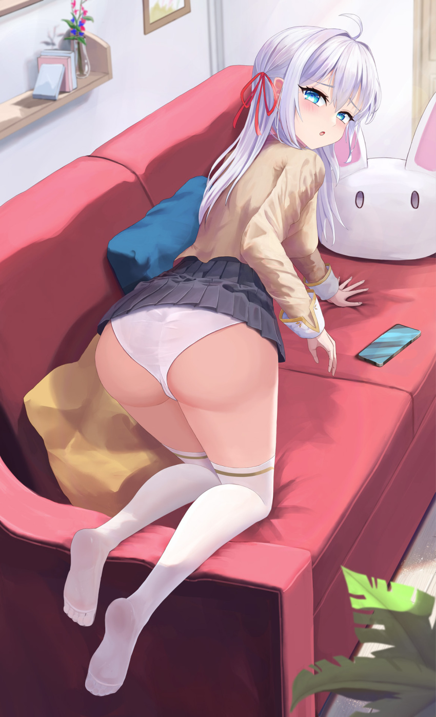 1girl :o ahoge alisa_mikhailovna_kujou all_fours ass black_skirt blue_eyes blush cellphone clothes_lift commentary couch dutch_angle eyelashes feet from_behind full_body furrowed_brow hair_between_eyes hair_intakes hair_over_shoulder hair_ribbon highres indoors legs long_hair long_sleeves looking_at_viewer looking_back no_shoes on_couch open_mouth panties phone pleated_skirt red_ribbon ribbon shirt sidelocks skirt skirt_lift smartphone soles solo straight_hair thighhighs thighs toes tokidoki_bosotto_roshia-go_de_dereru_tonari_no_alya-san underwear user_3504221 variant_set white_hair white_panties white_thighhighs yellow_shirt
