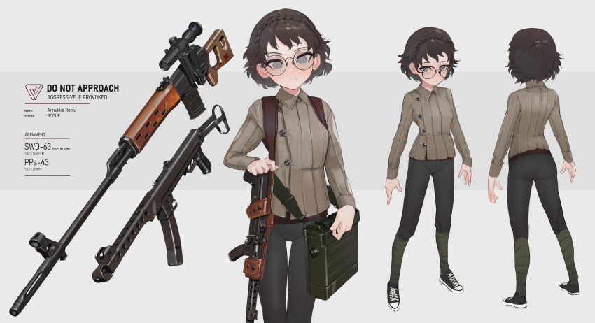 1girl absurdres annukka_romu black_pants brown_hair brown_shirt collared_shirt commission dragunov_svd english_text full_body glasses grey_eyes gun gun_sling highres looking_at_viewer multiple_views original pants polilla pps-43 rifle shirt sniper_rifle solo submachine_gun turnaround weapon