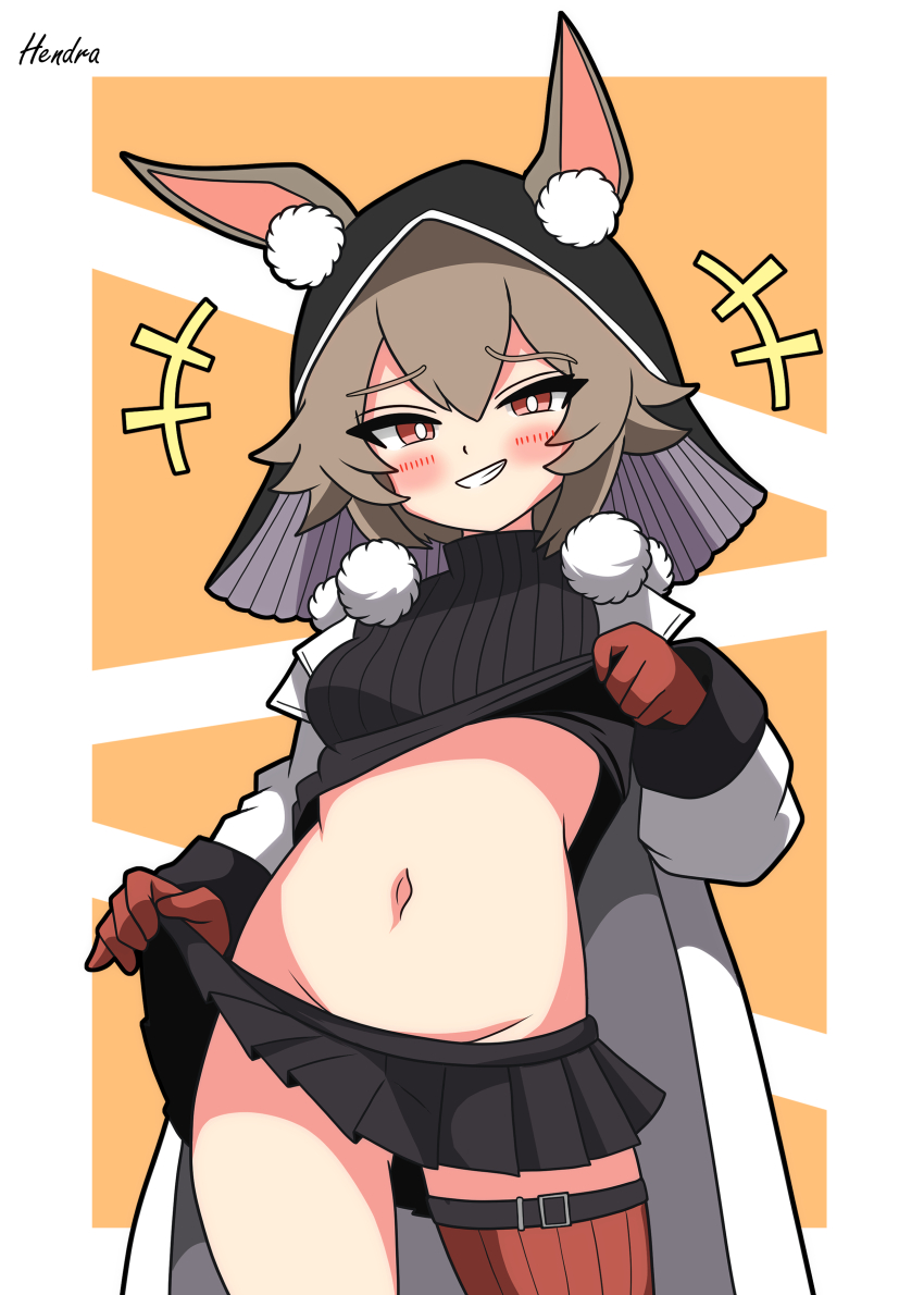 +++ 1girl absurdres animal_ear_fluff animal_ears arknights artist_name black_skirt black_sweater blush breasts brown_hair caper_(arknights) clothes_lift coat gloves grin hendra highres lifting_own_clothes looking_at_viewer microskirt navel orange_background parted_lips pleated_skirt rabbit_ears red_eyes red_gloves short_hair simple_background skirt skirt_lift small_breasts smile solo sweater sweater_lift teeth white_coat
