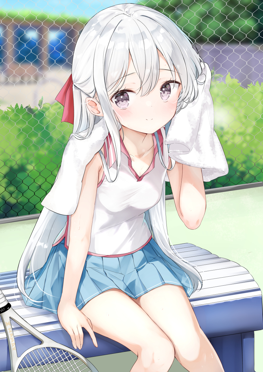 1girl absurdres blue_skirt breasts chain-link_fence closed_mouth fence hamaken._(novelize) highres imouto-chan_(hamaken.) long_hair looking_at_viewer miniskirt original outdoors paid_reward_available pleated_skirt purple_eyes racket revision shirt sitting skirt sleeveless sleeveless_shirt small_breasts smile solo sportswear tennis_racket tennis_uniform towel white_hair white_shirt