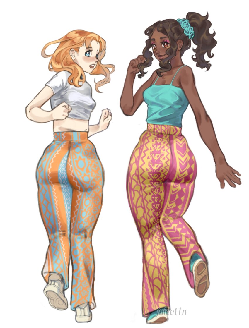 2girls absurdres alternate_costume annette_fantine_dominic annette_fantine_dominic_(timeskip) aqua_camisole ass ass_focus bell-bottoms blue_camisole blue_eyes breasts brown_hair camisole casual clenched_hands cropped_shirt dark-skinned_female dark_skin eyeliner eyeshadow fire_emblem fire_emblem:_three_houses fire_emblem_engage forbidden_pants from_behind full_body hair_ornament hair_scrunchie hand_up hands_up highres juicet1n looking_at_viewer looking_back makeup medium_breasts meme_attire midriff multiple_girls navel nintendo orange_eyeshadow orange_hair pants pink_eyeliner ponytail print_pants purple_eyeshadow scrunchie shirt short_hair short_sleeves small_breasts smile standing symbol-shaped_pupils tight_clothes tight_pants timerra_(fire_emblem) twisted_torso two-tone_pants very_dark_skin white_shirt
