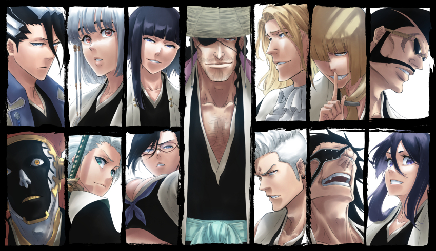 3girls 6+boys aged_up black_hair black_kimono bleach bleach:_epilogue blonde_hair blue_eyes blue_neckerchief blunt_bangs blunt_ends breasts brother_and_sister brown-framed_eyewear brown_eyes chest_hair cleavage close-up closed_mouth collarbone colored_teeth commentary ear_piercing expressionless eyebrows_hidden_by_hair eyelashes eyepatch facial_hair fang finger_to_mouth frown glasses green_eyes grey_hair grin hair_over_one_eye hair_over_shoulder half-closed_eyes haori hat highres hirako_shinji hitsugaya_toushirou iba_tetsuzaemon index_finger_raised japanese_clothes katana kimono kotetsu_isane kuchiki_byakuya kuchiki_rukia kurotsuchi_mayuri kyouraku_shunsui lips long_hair looking_at_viewer makeup mature_male medium_breasts medium_hair mitarashi_(5333069) mohawk muguruma_kensei multiple_boys multiple_girls mustache neckerchief nose one_eye_covered ootoribashi_roujuurou open_mouth parted_lips piercing purple_eyes scar scar_on_face short_hair_with_long_locks siblings simple_background smile spiked_hair spoilers straight_hair straw_hat stubble sui-feng sunglasses sword teeth thick_eyebrows tsurime v-shaped_eyebrows weapon white_background wide-eyed yadoumaru_lisa yellow_eyes yellow_teeth zaraki_kenpachi