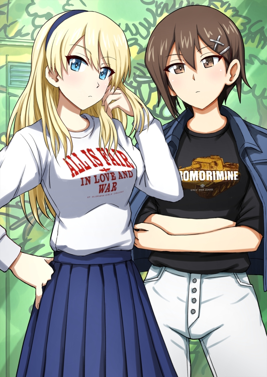 2girls alternate_costume alternate_hairstyle anime_coloring black_shirt blonde_hair blue_eyes blue_hairband blue_jacket blue_skirt breasts brown_eyes brown_hair buttons casual closed_mouth commentary crossed_arms darjeeling_(girls_und_panzer) denim denim_jacket forest frown girls_und_panzer grey_jacket hair_down hair_ornament hairband hairpin hand_on_own_head hand_on_own_hip highres jacket jacket_on_shoulders long_hair long_skirt long_sleeves looking_at_viewer military_vehicle motor_vehicle multiple_girls nature nishizumi_maho official_alternate_hairstyle omachi_(slabco) pants pleated_skirt print_shirt print_sweater shirt short_hair side-by-side skirt standing sweater tank tiger_i white_pants white_shirt white_sweater