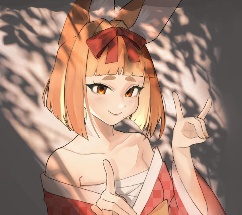 1girl animal_ears fox_ears hands_up highres image_sample japanese_clothes kimono kumaartsu original smile solo twitter_sample